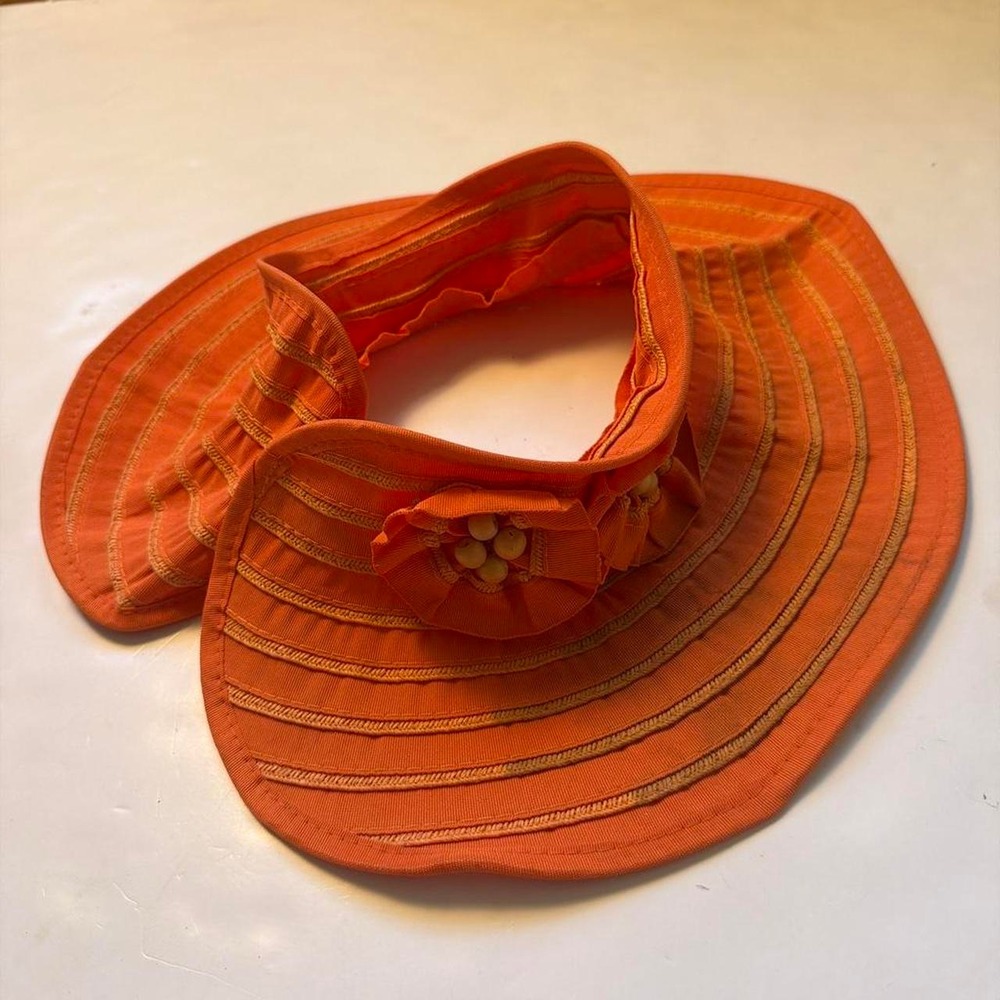 Milani Vintage Italian Orange Sun Visor Floral Wood Bead Boho Beach Hat